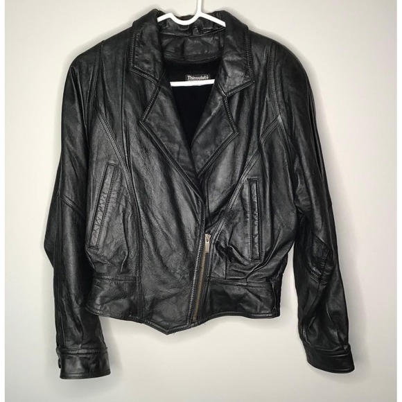 Vintage Jackets & Blazers - Vintage Wilsons Black Leather Moto Jacket Thinsulate Tie Up Back Biker Coat Sz S